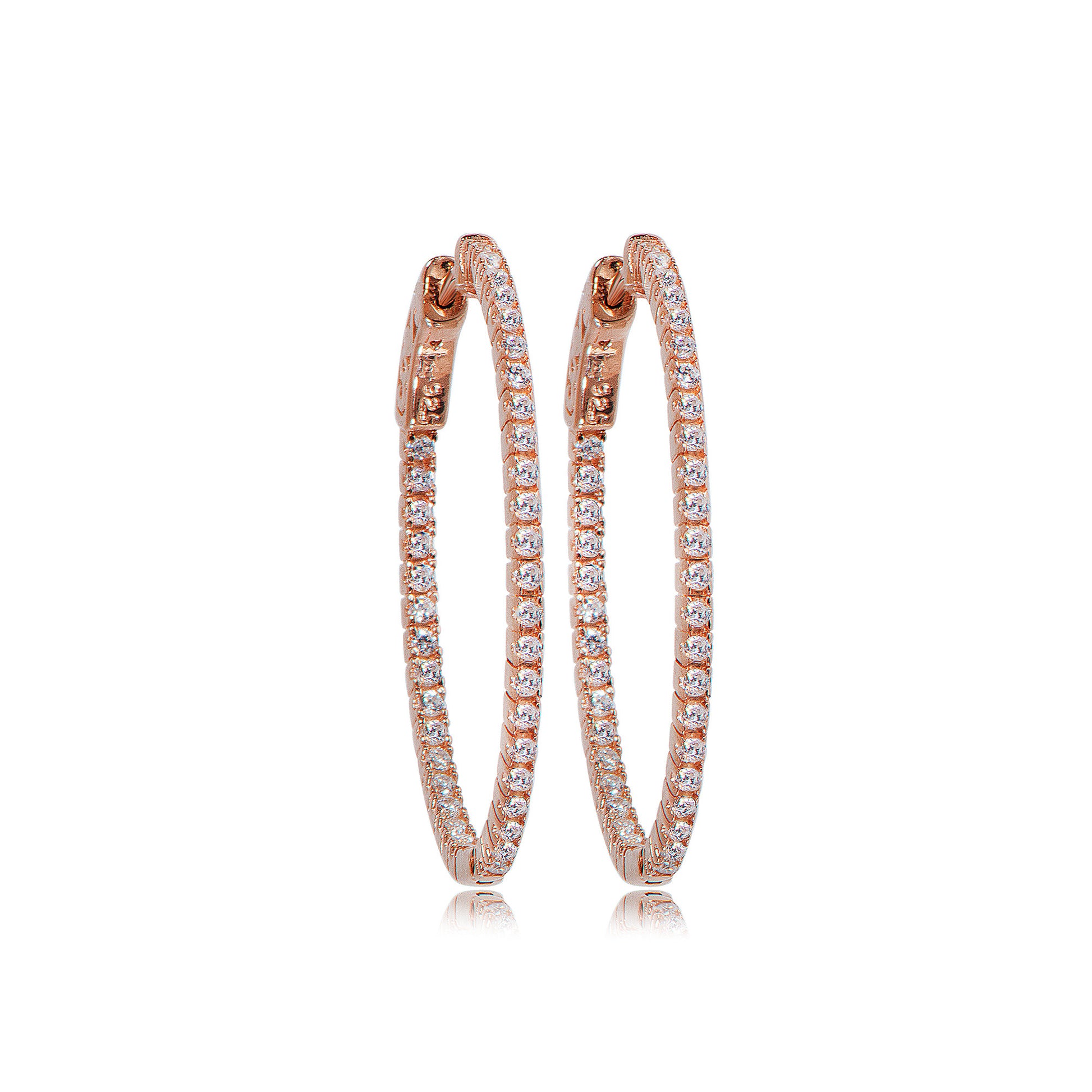 
A pair of rose gold plated silver hoop earrings encrusted with Cubic Zirconia stones, showcasing a special safety lock.

